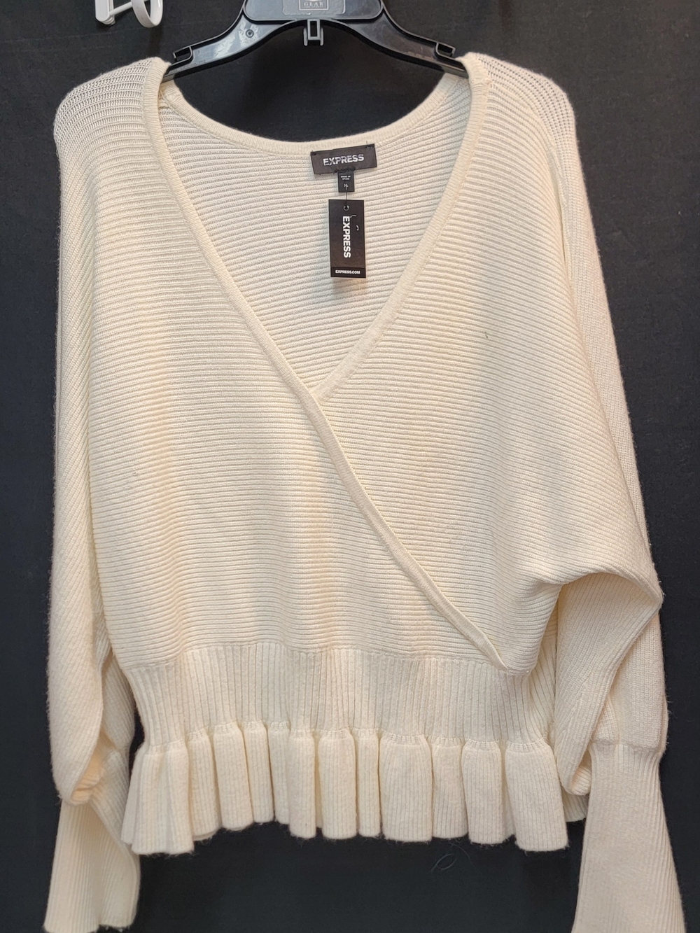 Express Cream Ribbed V-Neck Wrap Sweater